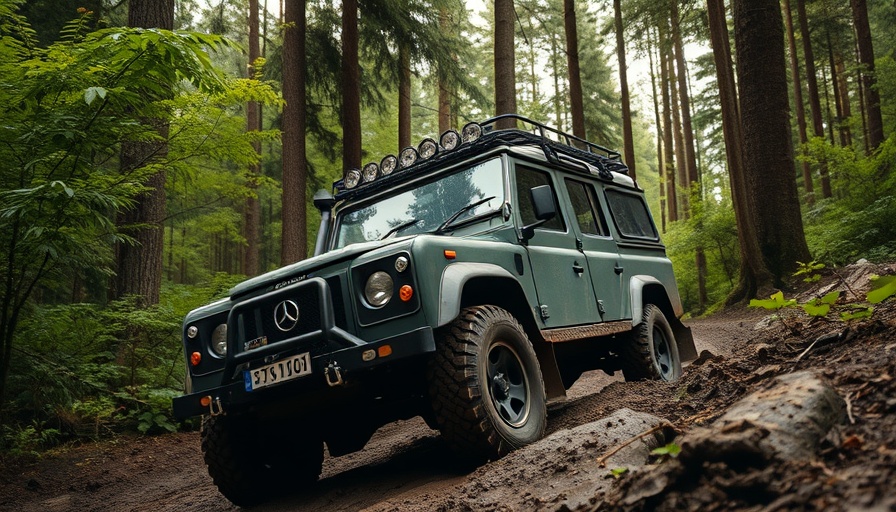 Rugged off-road vehicle on a forest path, spontaneous organized travel.
