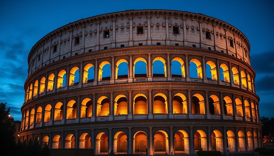 Illuminated Colosseum evening view for group travel in Italy.