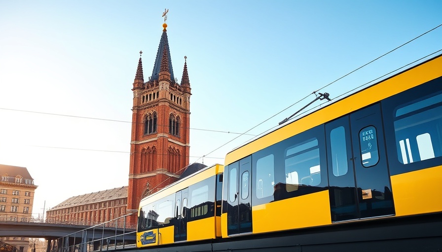 Yellow train on elevated tracks towards Berlin's iconic Gothic tower, bright day.