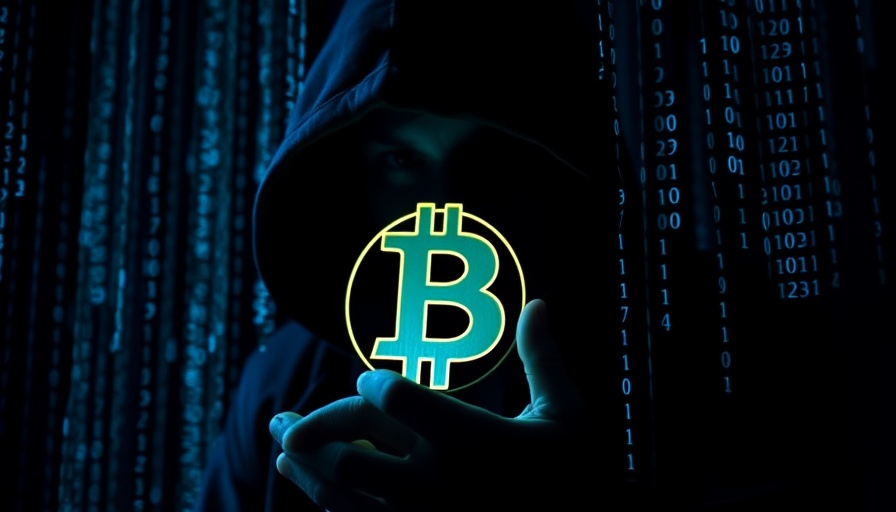 Hooded figure with Bitcoin symbol surrounded by binary code, Bitcoin Heist Scam.