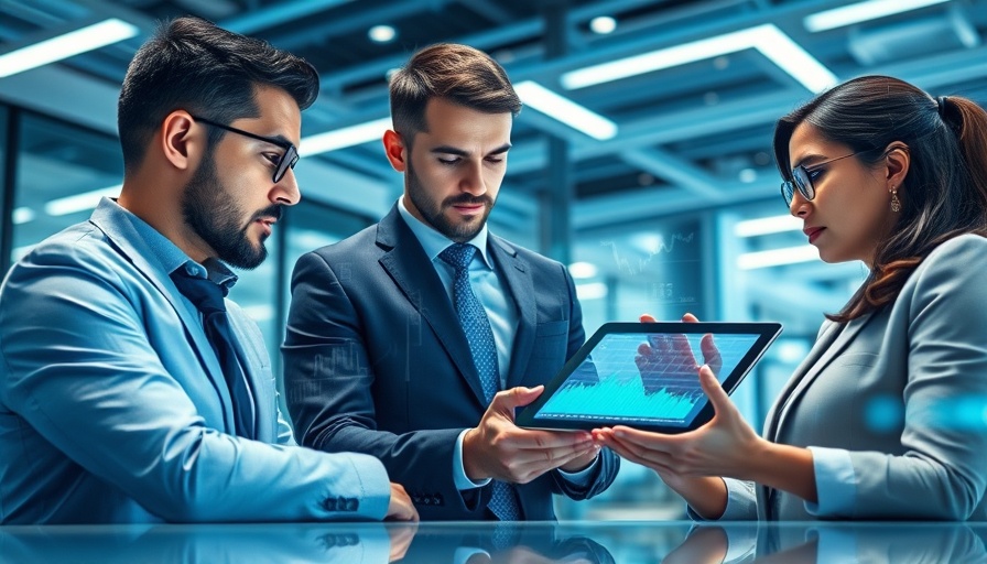 Business professionals analyzing stocks to buy in 2025 with digital tablet in modern office.