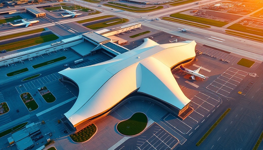 Aerial view of modern airport terminal at Noida Airport during sunrise.