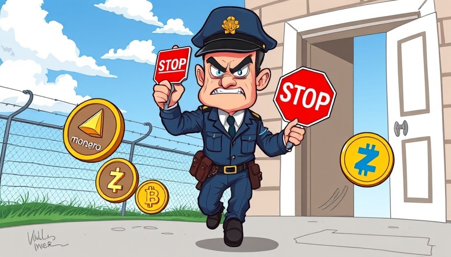 EU ban on privacy coins - Cartoon of EU officer stopping coins.