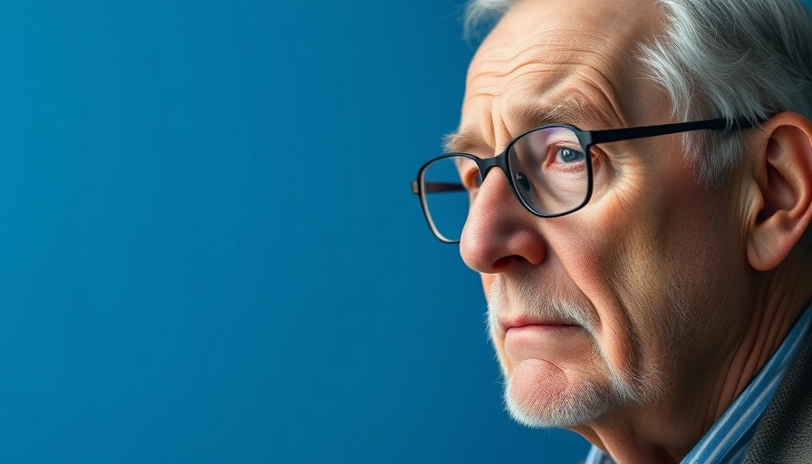 Contemplative elderly man with glasses on blue background.