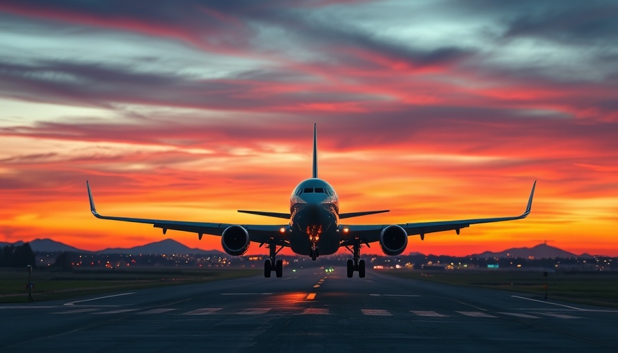 Airplane landing on illuminated runway at sunset in Kolkata.