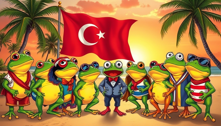 Cartoon frogs at Malé crypto capital tropical beach sunset.