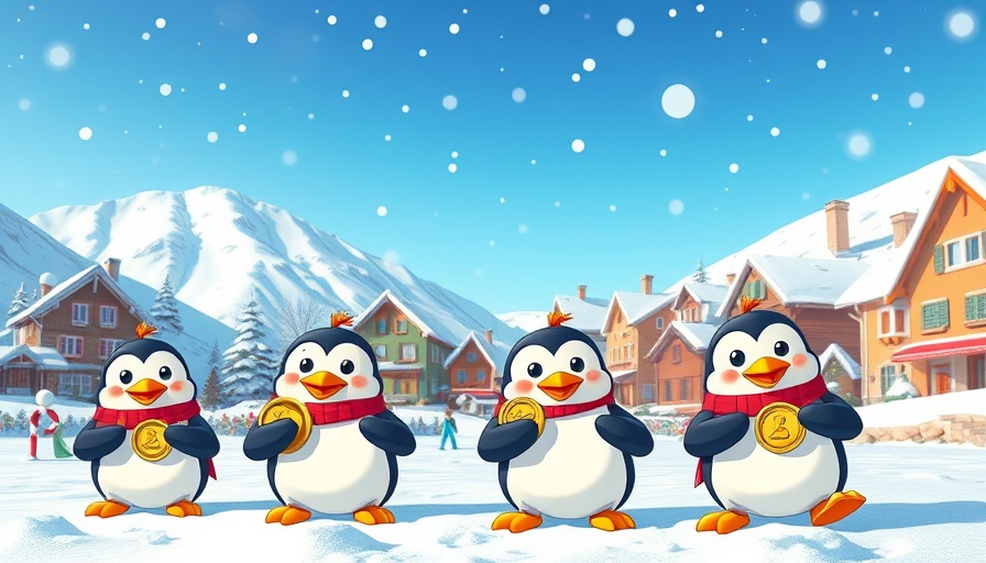 Animated penguins with Arctic Pablo coins in snowy village.