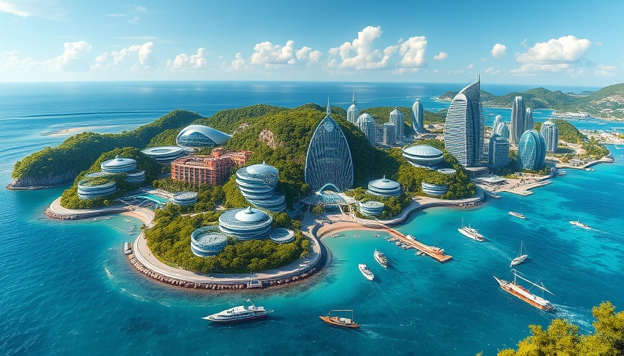 $8.8 Billion Blockchain Hub with futuristic architecture over ocean.