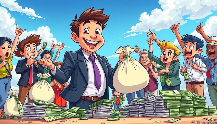 Cartoon businessman distributing cash to people illustrating market dynamics.