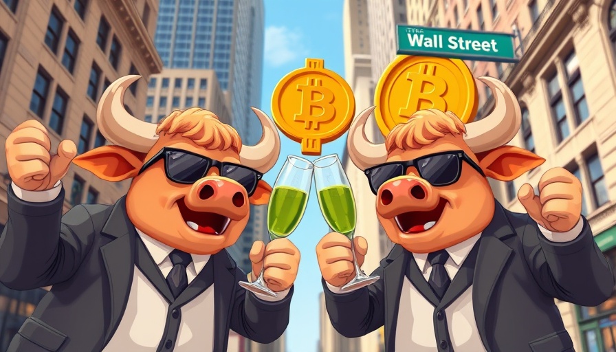 Cartoon bulls celebrating Bitcoin and crypto growth on Wall Street.