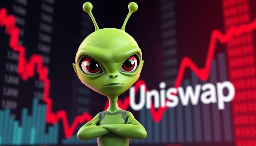 Green alien with Uniswap logo in financial chart backdrop