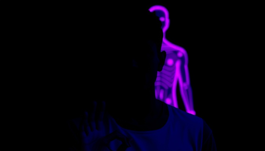 Silhouette with digital figure in blue and purple, dark background