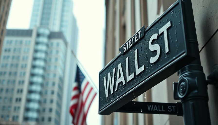 Wall Street sign with raindrops, blurred American flag backdrop.