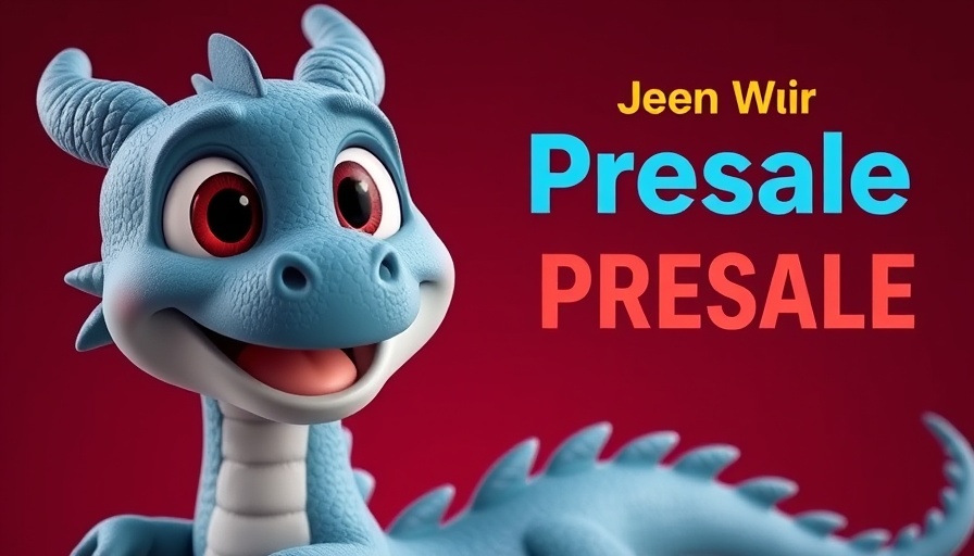 Adorable cartoon dragon promoting presale in crypto trends.