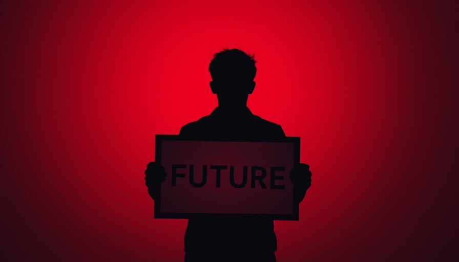 Silhouette holding sign with 'FUTURE', gradient red background symbolizing predictions.