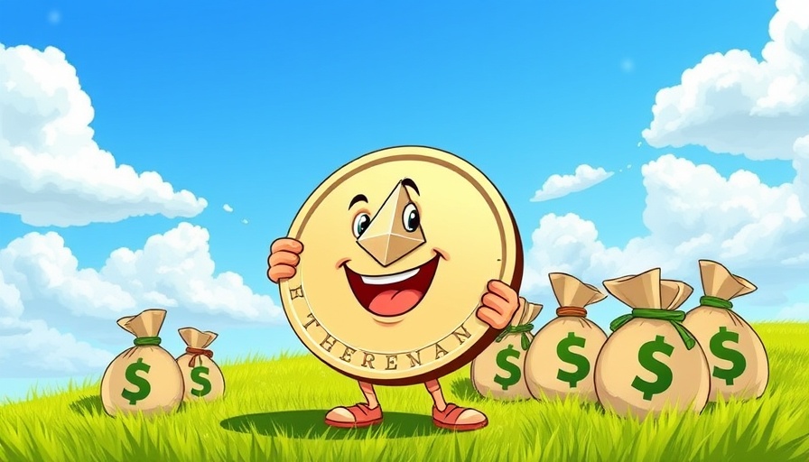 Cartoon of Ethereum coin held by happy person in sunny outdoors.