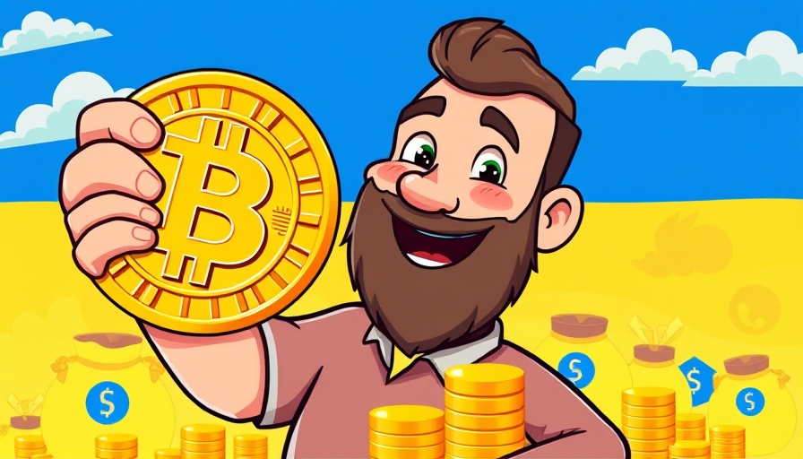 Cartoon of man with Bitcoin coin and Ukraine flag, representing Ukraine Bitcoin national reserves.