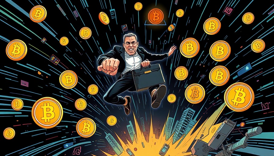 Graphic of a person with briefcase amid cryptocurrency symbols.