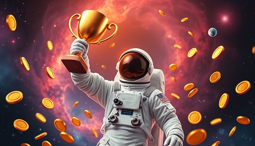 Astronaut in space with trophy and coins in BlockDAG Buyer Battles scene.