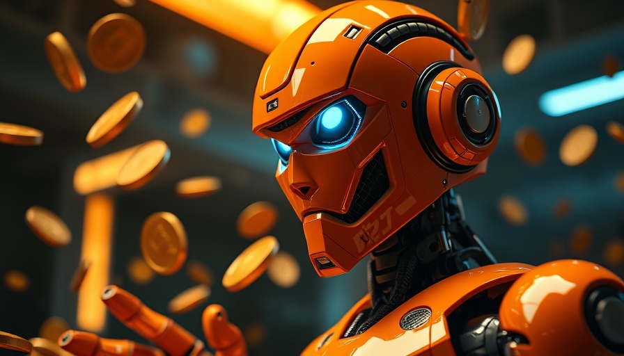 Futuristic orange robot with glowing chest amid coins, highlighting Stellar XLM potential surge.