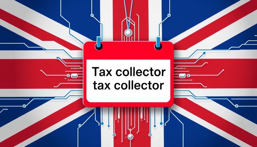 UK crypto traders tax data rules graphic with tax collector tag over stylized UK flag.