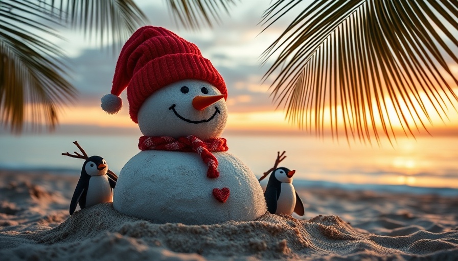 Whimsical sand snowman at US Gulf Coast December event with penguins.