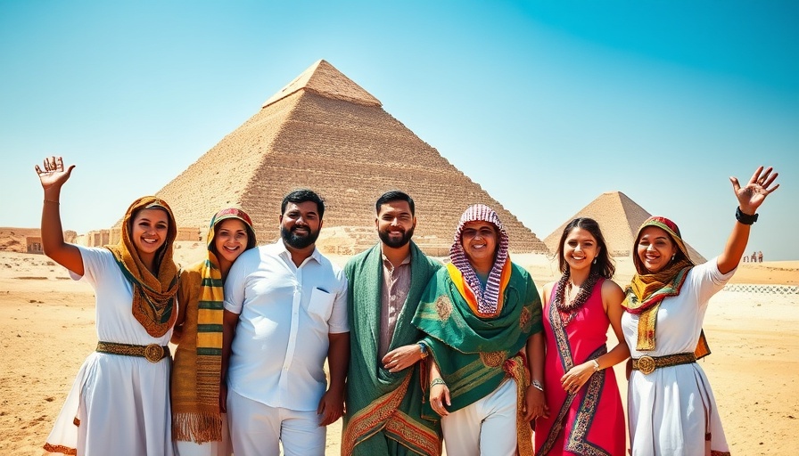 Two people in traditional clothing smiling by the Step Pyramid.