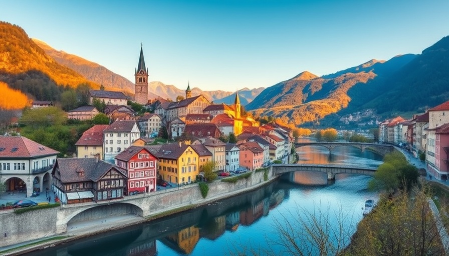 Charming European town riverside view with mountains, types of Schengen Visa.