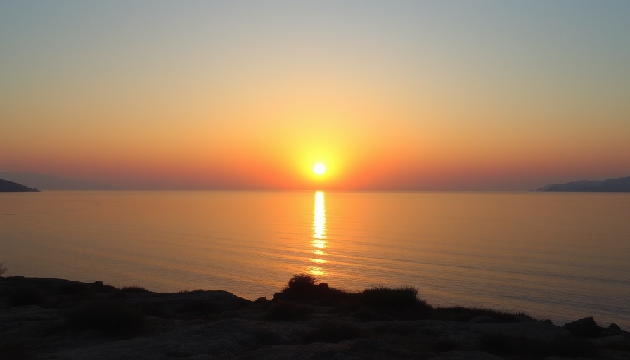 Serene coastal sunset with calm sea reflection.