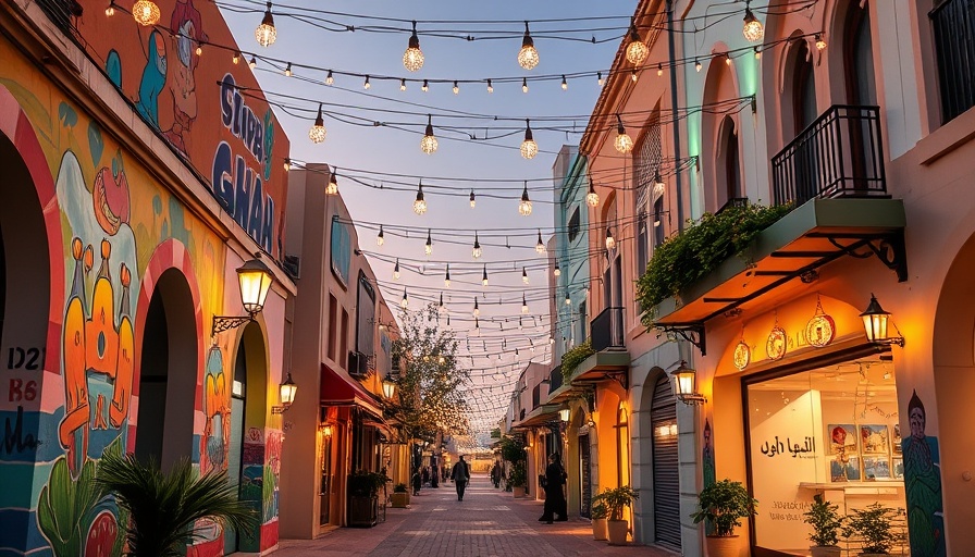 Doha travel itinerary: vibrant evening street with murals and lights.