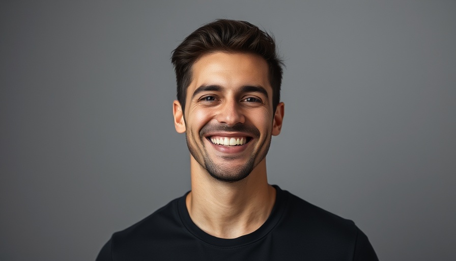 Smiling man in black t-shirt grayscale portrait