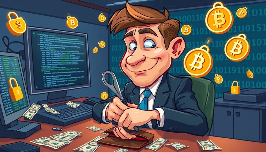 Cartoon of man cutting wallet with Bitcoin and computer, Malone Lam RICO Conspiracy theme.