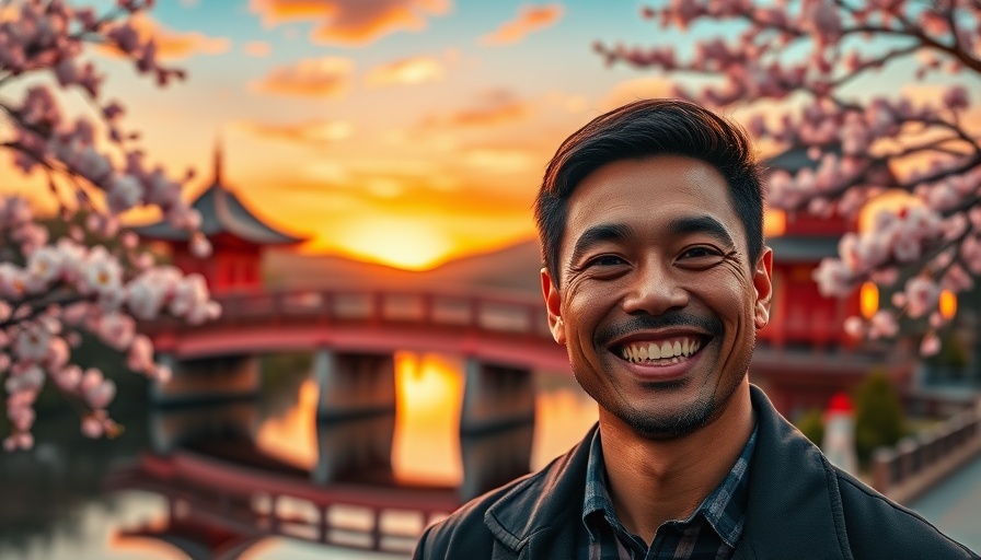 Smiling person at anime-style sunset, vibrant Japanese landscape.