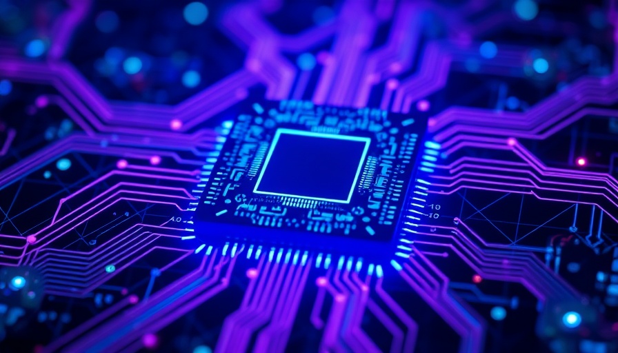 Futuristic AI processor with blue circuits on a digital grid, AMD AI inference hardware theme.