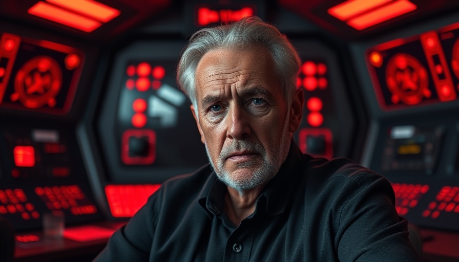 Futuristic scene of an older man in a dark room with red lights.