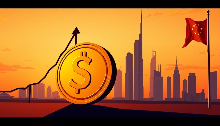 Stylized dollar coin and upward arrow against UAE skyline for USDT global stock trading.