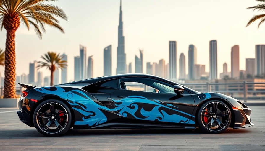 Luxurious sports car in Dubai with city skyline backdrop