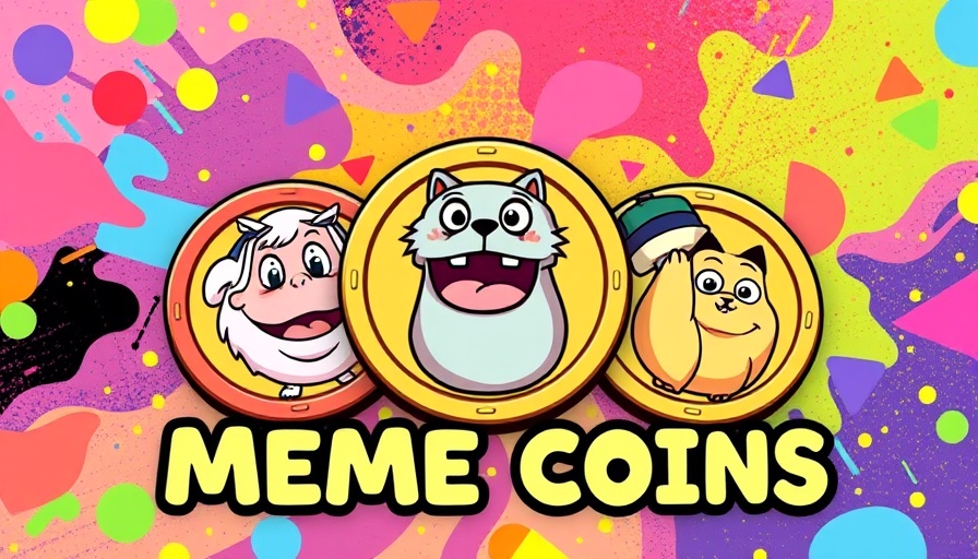 Colorful meme coins on vibrant background with bold text on top.