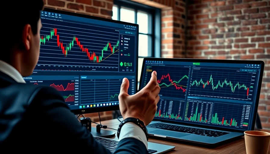 Monitors showing cryptocurrency charts, person analyzing data in a modern office.