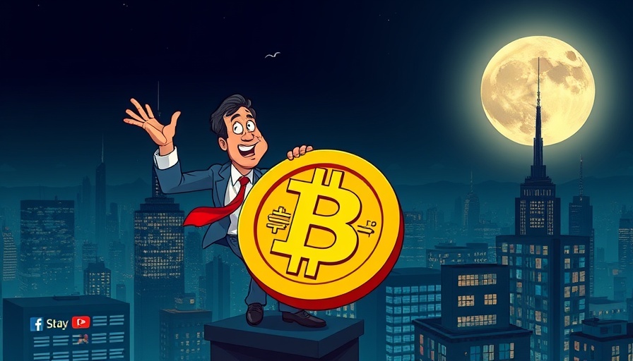 Cartoon of a man with Bitcoin coin symbol in a digital city, dramatic scene.