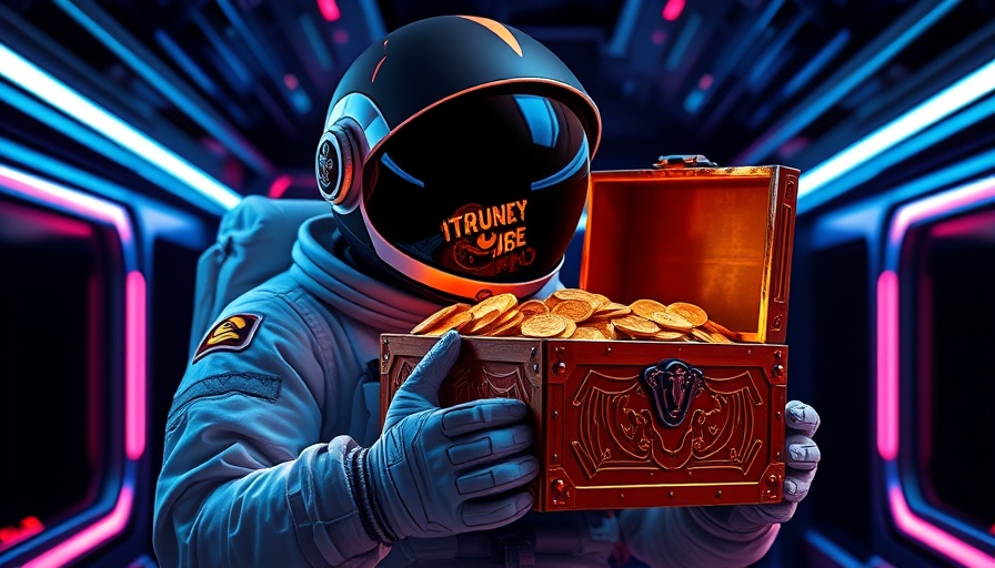 Futuristic astronaut holding treasure chest for BlockDAG cryptocurrency investment.