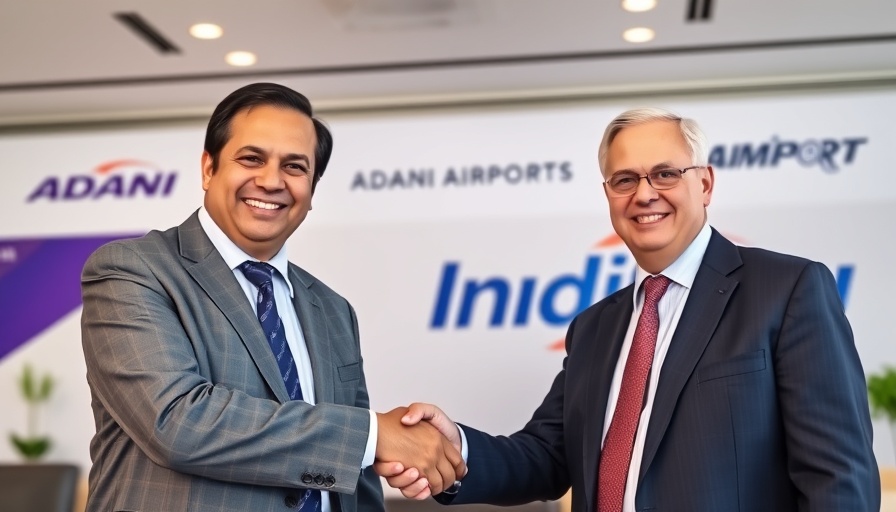 Executives shaking hands at Navi Mumbai Airport event backdrop.