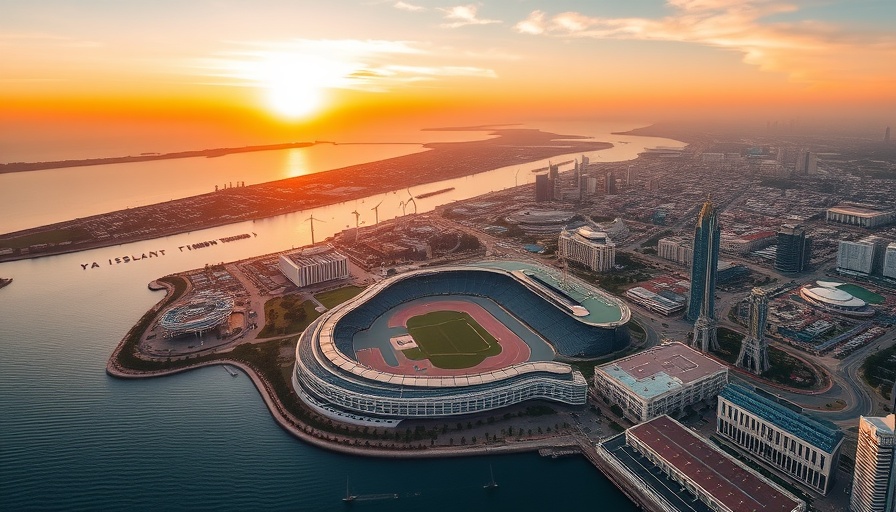 Yas Island sunset aerial view targeting Indian tourists.