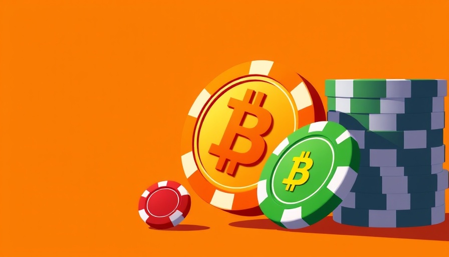 Bitcoin 2025 themed poker chips on bright orange background.