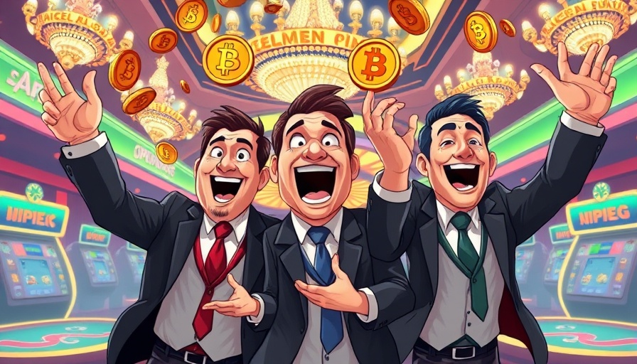 Cartoon businessmen at Bitcoin Las Vegas Conference with coins.