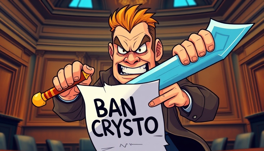 Cartoon of man with Bitcoin sword tearing 'BAN CRYPTO' document, dramatic scene.