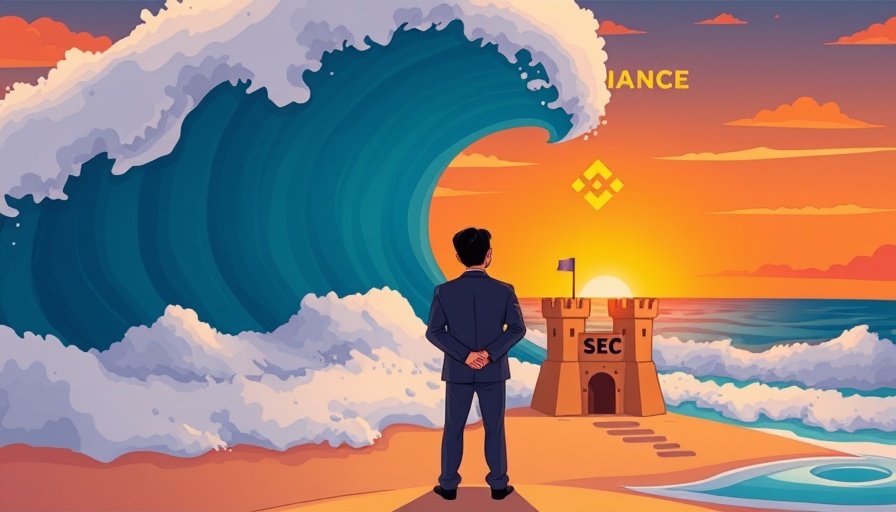 Cartoon of Binance logo over sandcastle with SEC label on sunset beach.