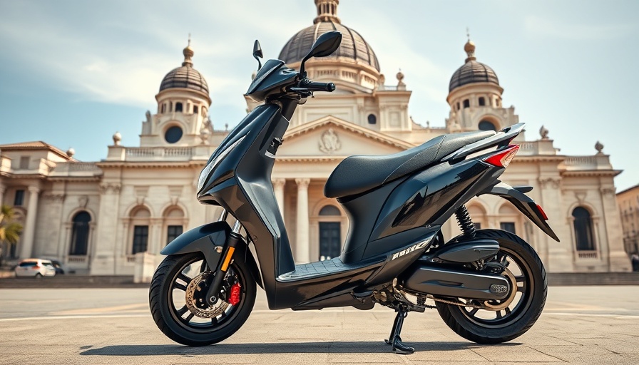 Ola Electric scooter parked near a historic building.
