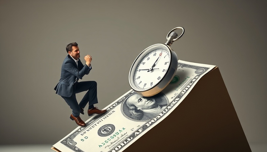 Determined businessman pushes compass uphill on dollar bill, symbolizing financial strategy.
