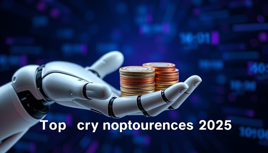 Futuristic robot hand with coins, top cryptocurrencies to watch in 2025 theme.